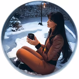 a woman in tights and jacket holding cup