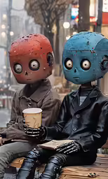 two people sitting on top of a bench wearing robot masks