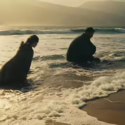 two people who are sitting in the water