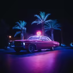 a classic car parked in front of palm trees