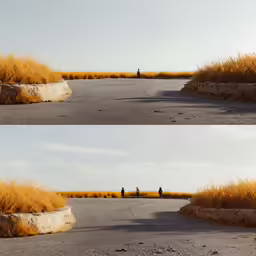 some people walking in the distance down a wide open road