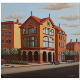 an oil painting of a building with cars parked outside,a painting of a orange house with two levels