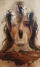 a woman looks surprised as she takes off her scarf and covers herself with chocolate
