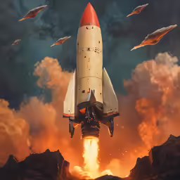 the rocket is flying high above the rocky mountains