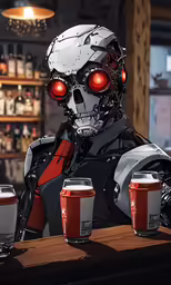 a robot is sitting with three cups of coffee