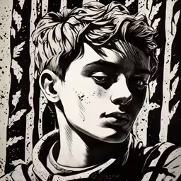the drawing is black and white of a man with his head in his hands