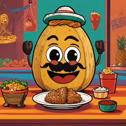 a cartoon character holding two forks above some food,an animated character on a table holding a fork and spoon