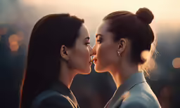 two women are kissing while wearing high heels