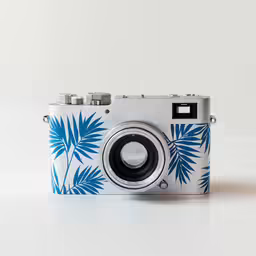 a camera with blue palm leaves on the front and bottom