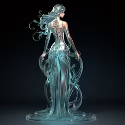a woman standing on top of a body with long hair,a digital model wearing a dress made with ice