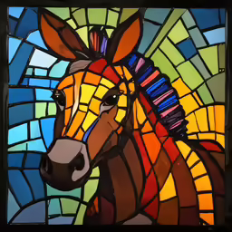 the stained glass painting depicts an orange zebra