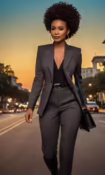 the woman in a gray suit is walking down a street