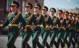 the military march in a parade, dressed in green and yellow uniforms
