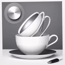 a tea set sits atop a saucer and plate