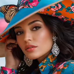 a beautiful woman wearing a large hat with a butterfly on it