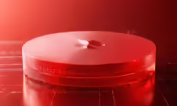red metal object with a writing underneath it