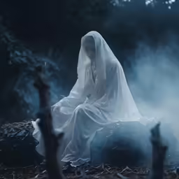 a woman in white is sitting on the ground in a foggy forest