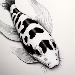 a white and black fish on white paper