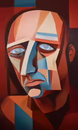 a painting of a face and various colored shapes