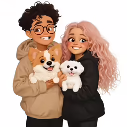 two kids holding their dog together in front of a white background