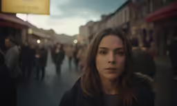 a woman in a black coat is looking at the camera