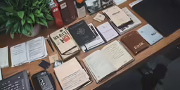 there is a collection of papers sitting on the table