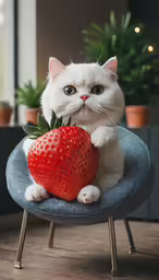 a white cat with a strawberry sitting on top of it