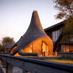a strange structure with an angled roof and a light