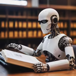a robot sitting at a table reading a book