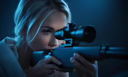 woman in white blouse holding up a rifle