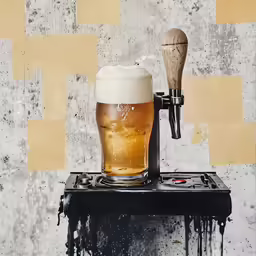a glass of beer with ice on top of a stove
