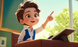 the boy has brown hair and is speaking from a podium