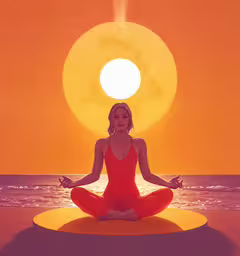 a girl in a red leotard doing yoga in the sunset,a woman sitting in a yoga pose on an object