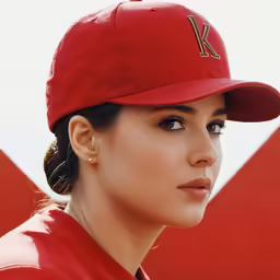 a woman in red baseball uniform with a red k on her cap