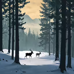 the two reindeer are walking together in the woods,two deers are walking through a snow - covered forest