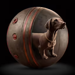 a brown dog standing inside of an antique barrel