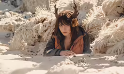 a woman is in the midst of an outdoor pile of animals