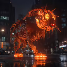 the large animal is made from fire and lit up