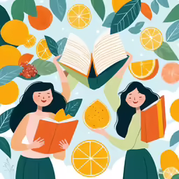 the two women are reading books while surrounded by oranges