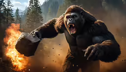 an angry gorilla with a stone in its mouth