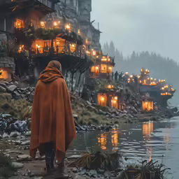 a person is standing on the shore looking at lights in the sky