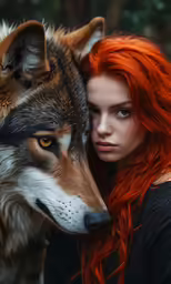 a girl with red hair and an orange hair is posing next to a wolf