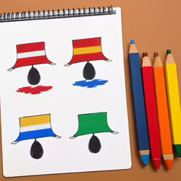 several colorful objects drawn on a white sheet