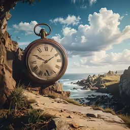 a large clock sitting next to a big body of water