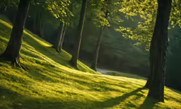 some trees that are next to the grass