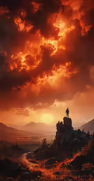 the silhouette of a person standing on top of a mountain in front of a sunset