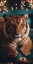 a tiger lying on top of a bed next to a window