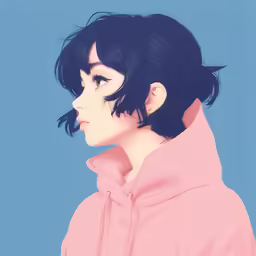 a woman wearing a pink jacket with dark hair and eyeliners