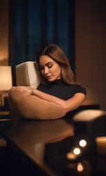 a woman with dark hair reading in a dark room