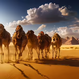 a herd of camels is traveling through the desert